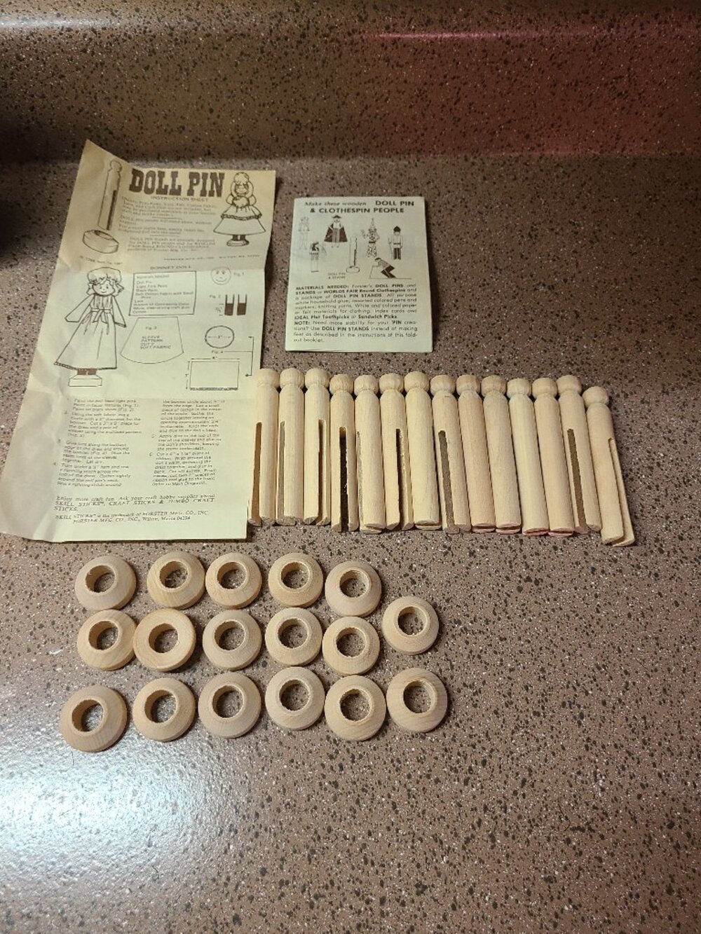 Vintage 1980's Forster Wood Doll Pins & Wooden Stands Kit & Patterns